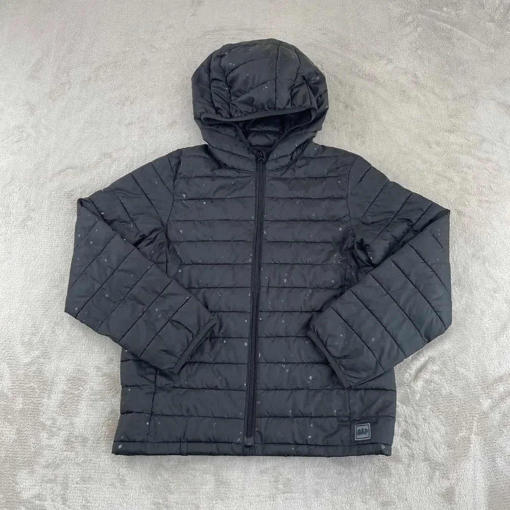 Gap Kids Cold Control Puffer Jacket Large Black Star Print Hooded Full Zip Warm